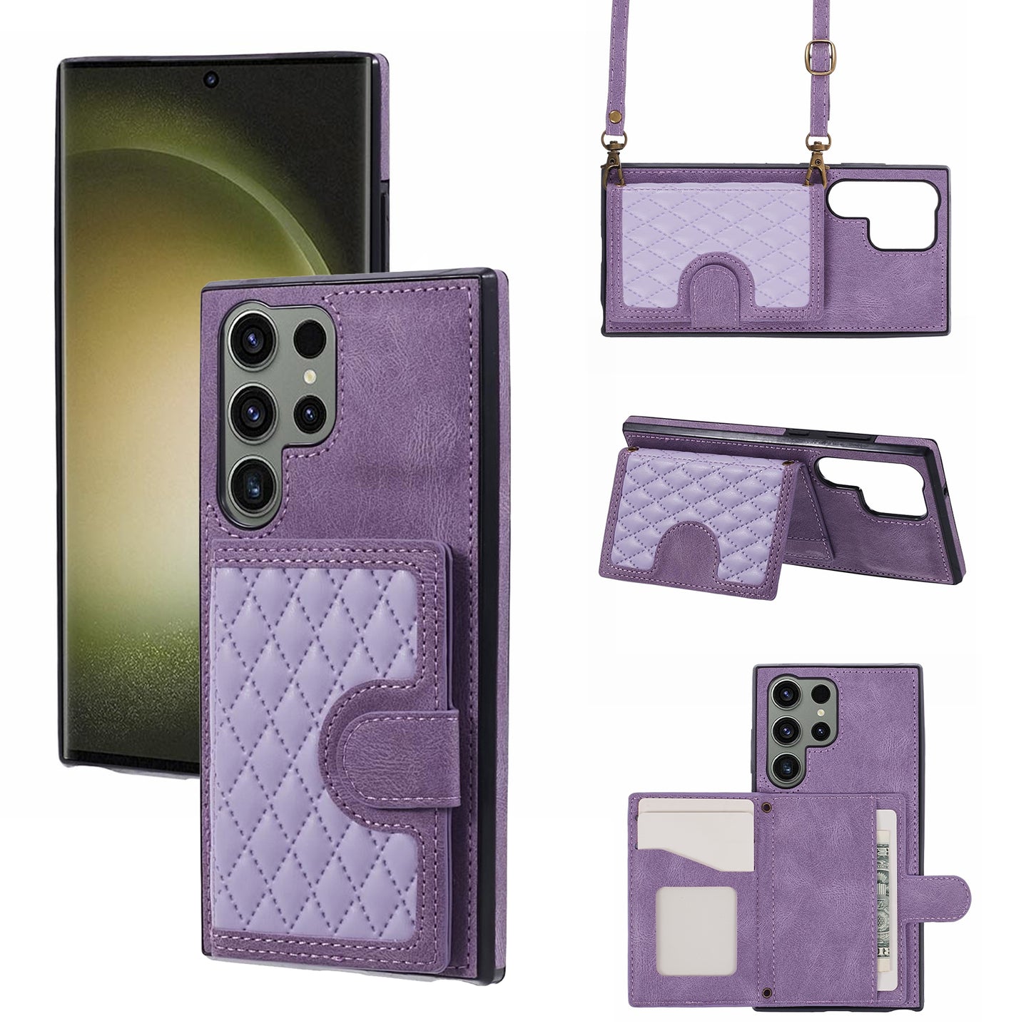 For Samsung Galaxy S24 Ultra Cell Phone Case Rhombus Imprinted Card Holder Cover with Long Strap - Purple