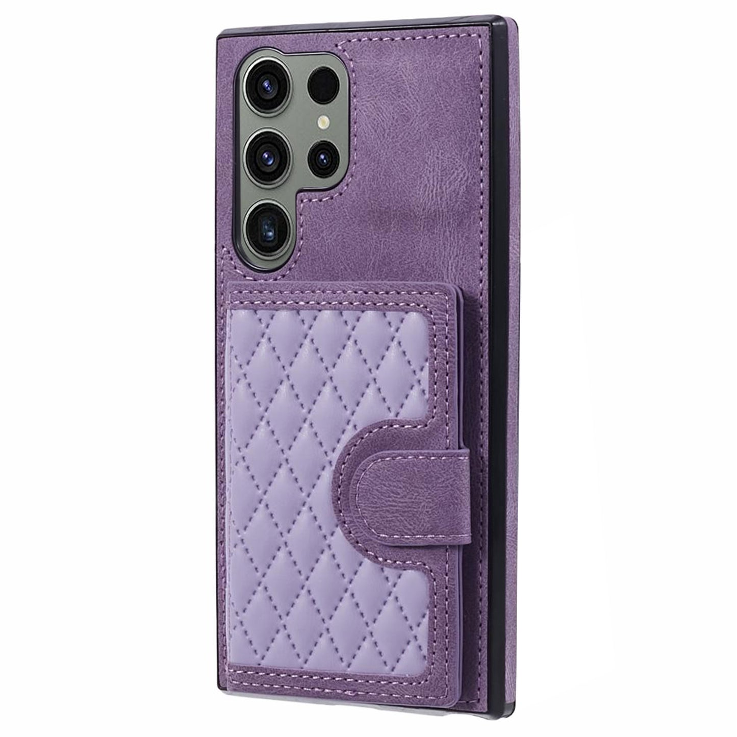 For Samsung Galaxy S24 Ultra Cell Phone Case Rhombus Imprinted Card Holder Cover with Long Strap - Purple
