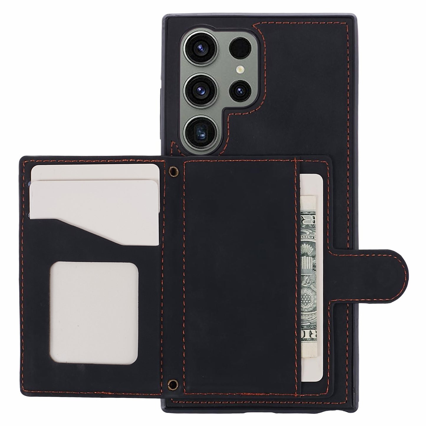 For Samsung Galaxy S24 Ultra Cell Phone Case Rhombus Imprinted Card Holder Cover with Long Strap - Black