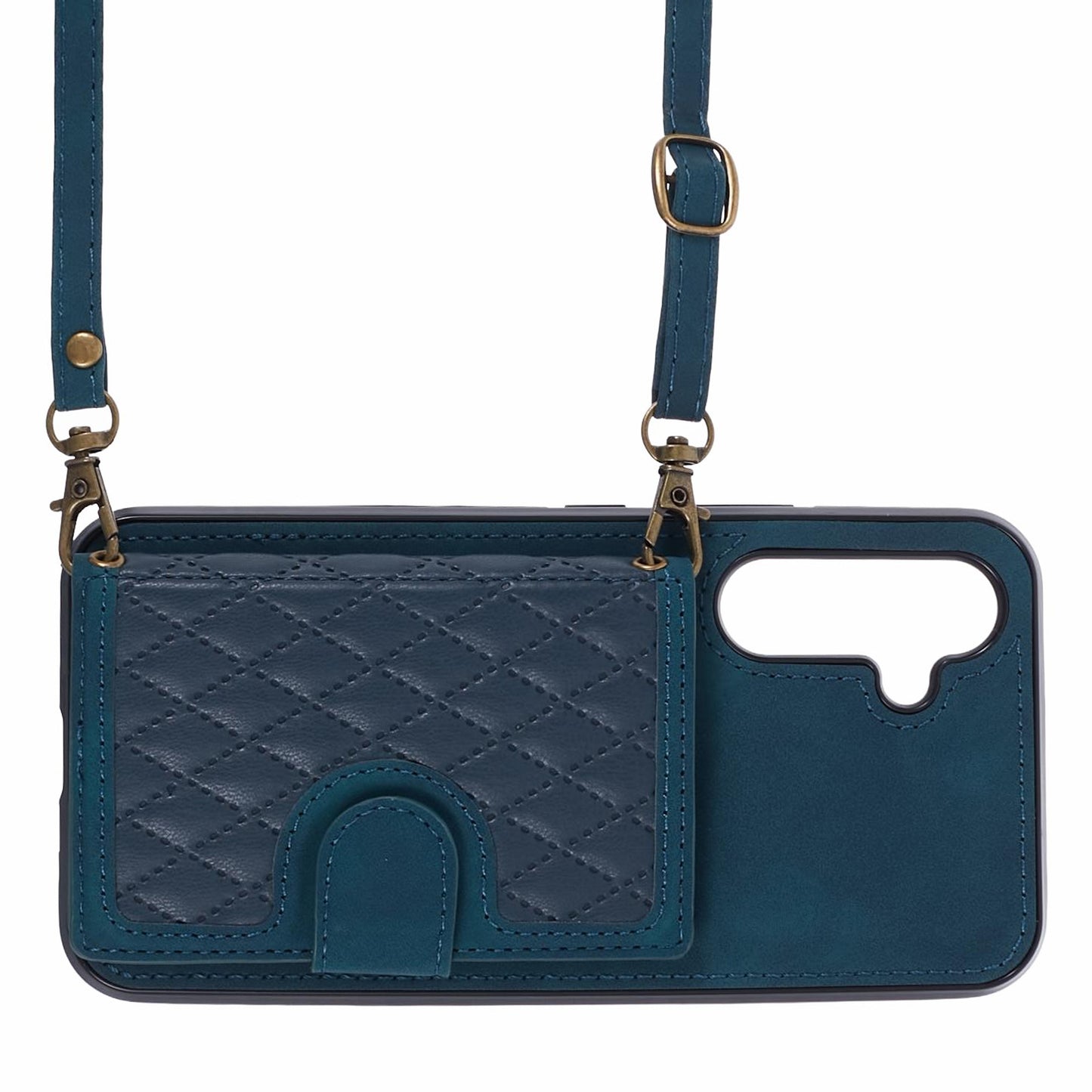 For Samsung Galaxy S24 Case Rhombus Imprinted Card Bag Drop-proof Phone Cover with Long Strap - Green