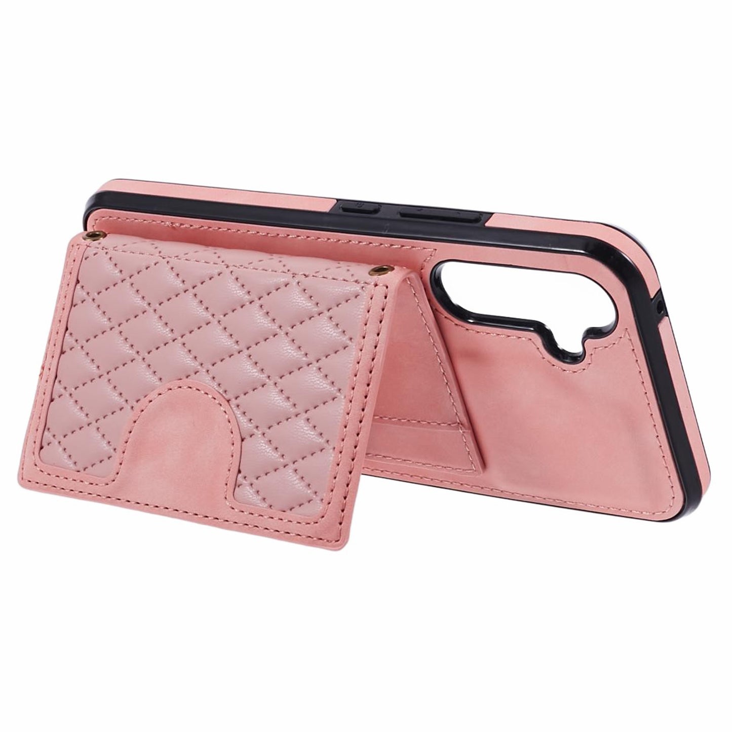For Samsung Galaxy S24 Case Rhombus Imprinted Card Bag Drop-proof Phone Cover with Long Strap - Rose Gold