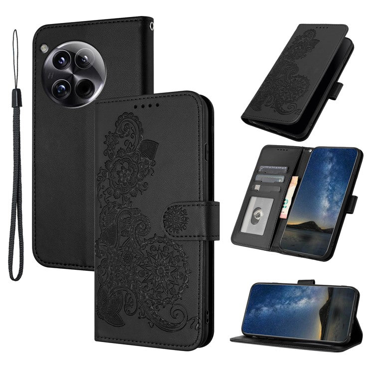 YX0050 For OnePlus 12 5G Cell Phone Case Leather Imprint Sunflower Pattern Foldable Stand Cover - Black