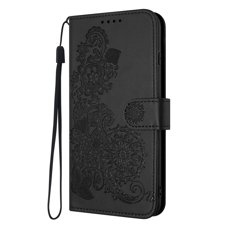 YX0050 For OnePlus 12 5G Cell Phone Case Leather Imprint Sunflower Pattern Foldable Stand Cover - Black