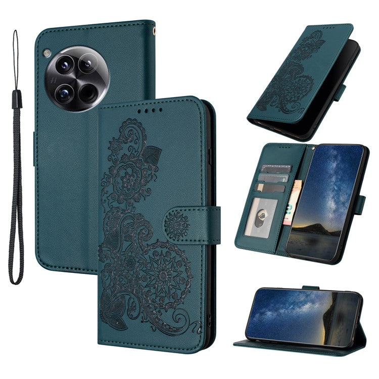 YX0050 For OnePlus 12 5G Cell Phone Case Leather Imprint Sunflower Pattern Foldable Stand Cover - Blackish Green