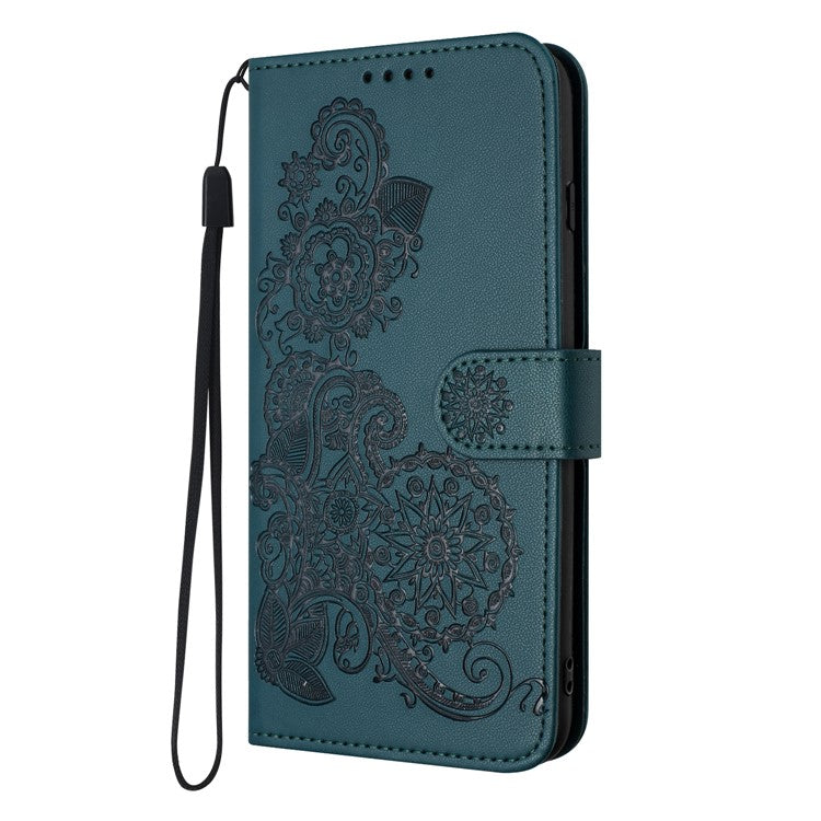YX0050 For OnePlus 12 5G Cell Phone Case Leather Imprint Sunflower Pattern Foldable Stand Cover - Blackish Green