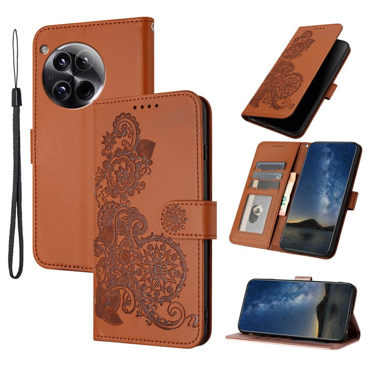 YX0050 For OnePlus 12 5G Cell Phone Case Leather Imprint Sunflower Pattern Foldable Stand Cover - Coffee