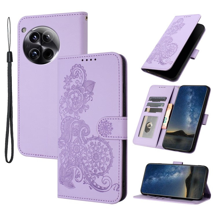 YX0050 For OnePlus 12 5G Cell Phone Case Leather Imprint Sunflower Pattern Foldable Stand Cover - Purple