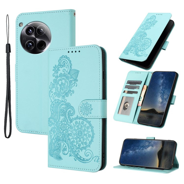YX0050 For OnePlus 12 5G Cell Phone Case Leather Imprint Sunflower Pattern Foldable Stand Cover - Baby Blue