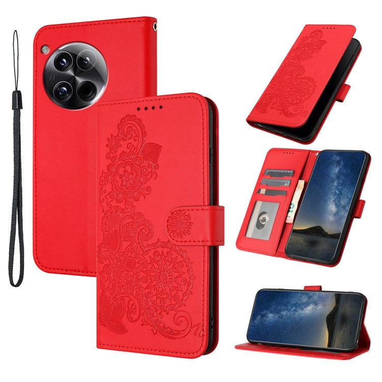 YX0050 For OnePlus 12 5G Cell Phone Case Leather Imprint Sunflower Pattern Foldable Stand Cover - Red