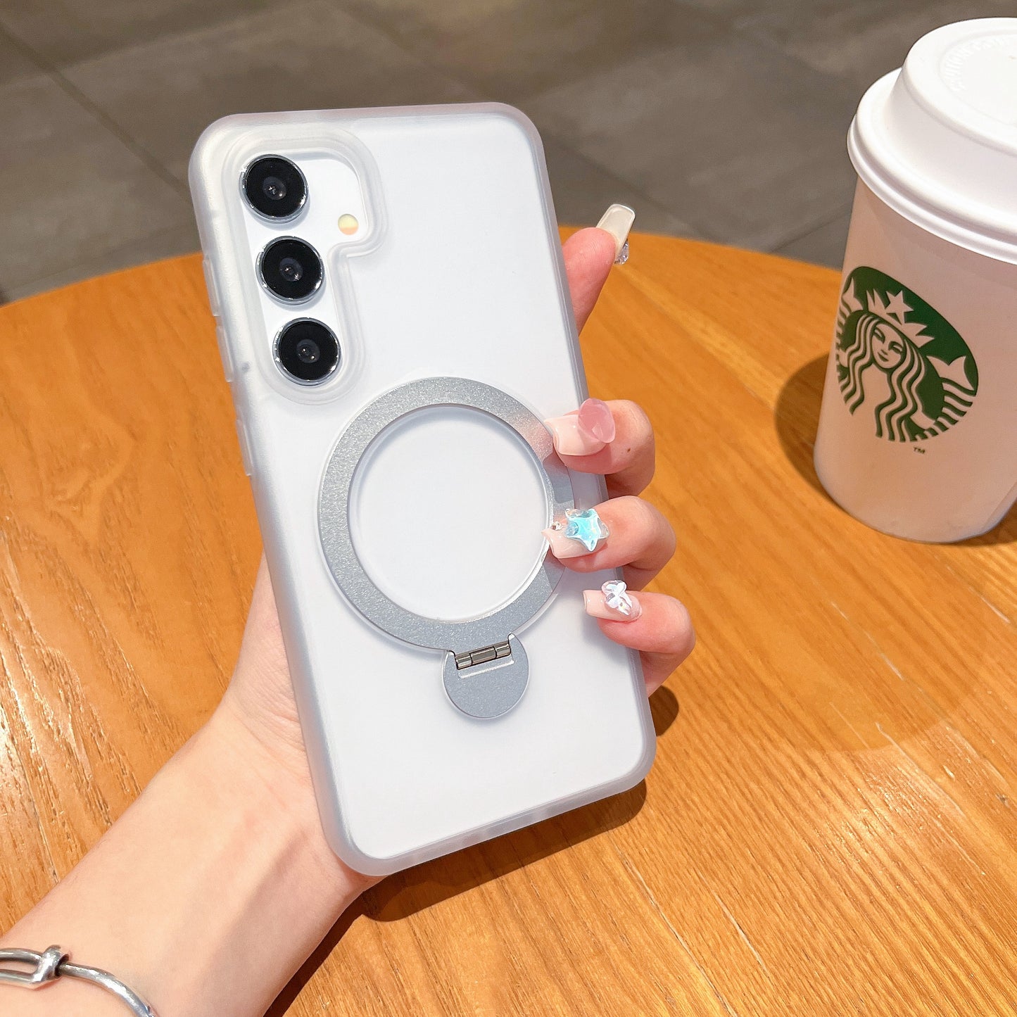 For Samsung Galaxy S24 Magnetic Phone Case 360 Degree Rotation Ring Kickstand - White