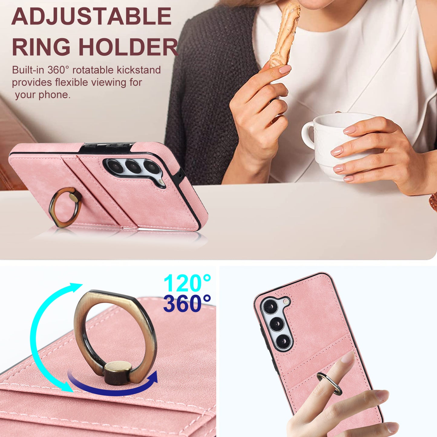 For Samsung Galaxy S24 Case PU Leather Coated TPU Retro Card Slots Phone Cover - Pink