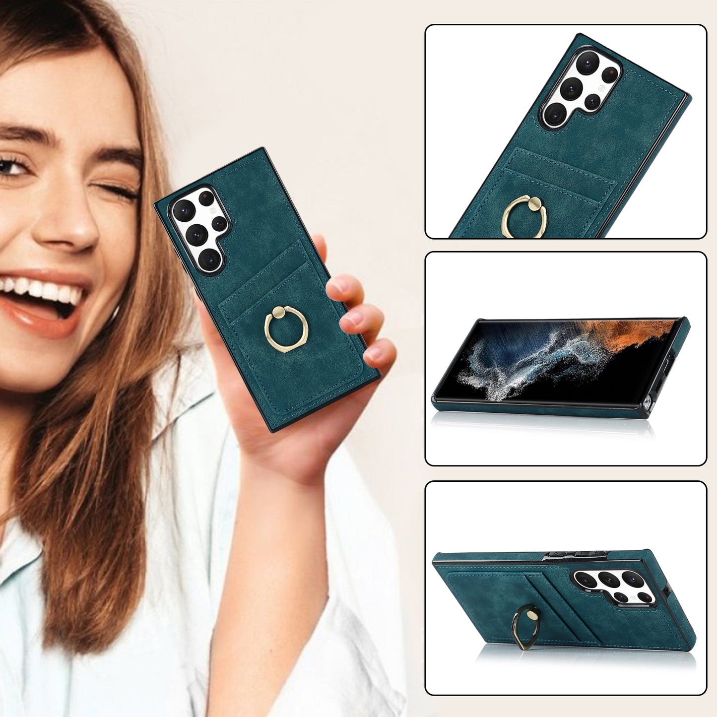 For Samsung Galaxy S24 Ultra Cell Phone Case Ring Kickstand PU Leather Coated TPU Cover - Green
