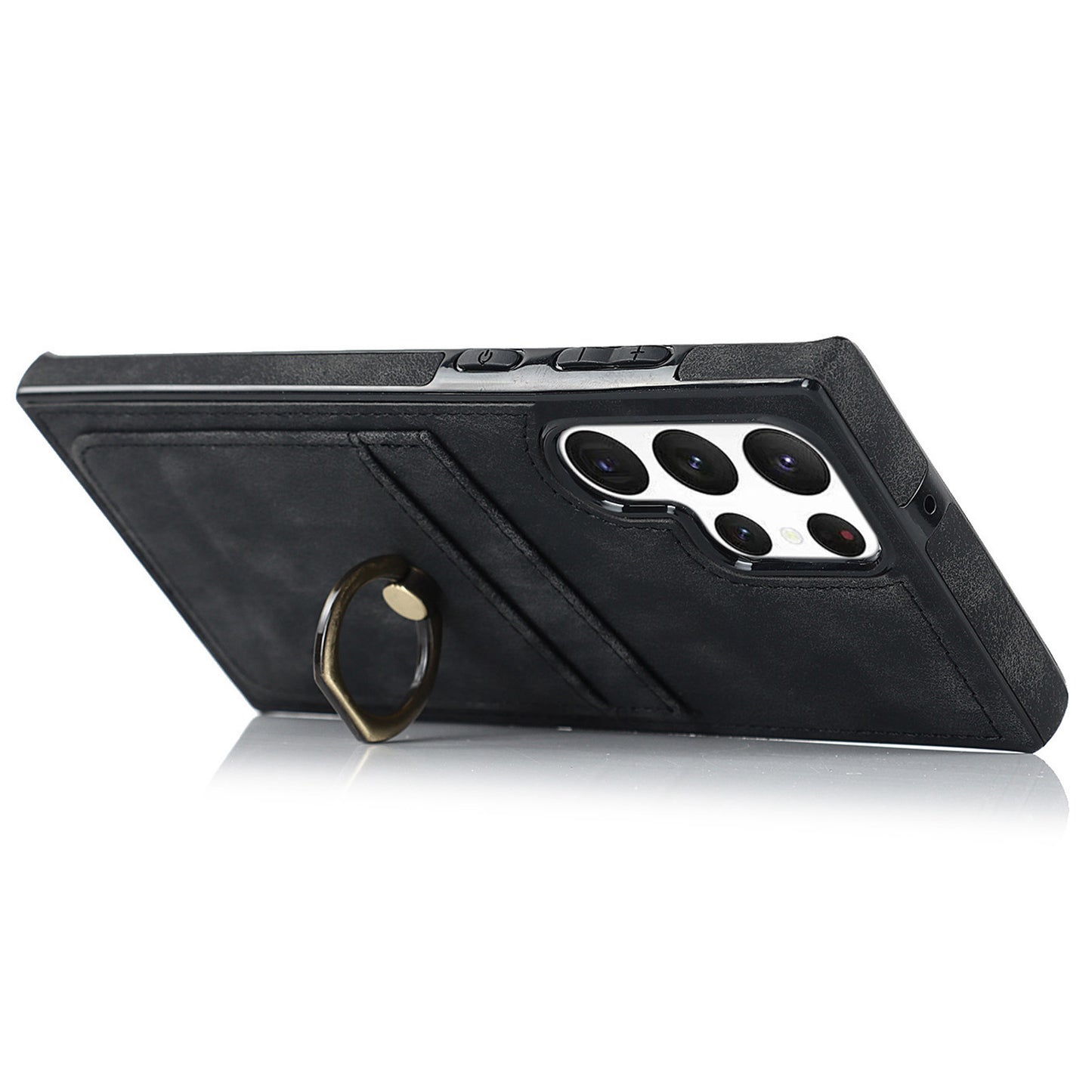 For Samsung Galaxy S24 Ultra Cell Phone Case Ring Kickstand PU Leather Coated TPU Cover - Black