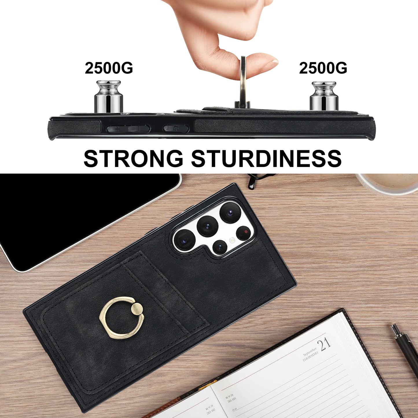 For Samsung Galaxy S24 Ultra Cell Phone Case Ring Kickstand PU Leather Coated TPU Cover - Black