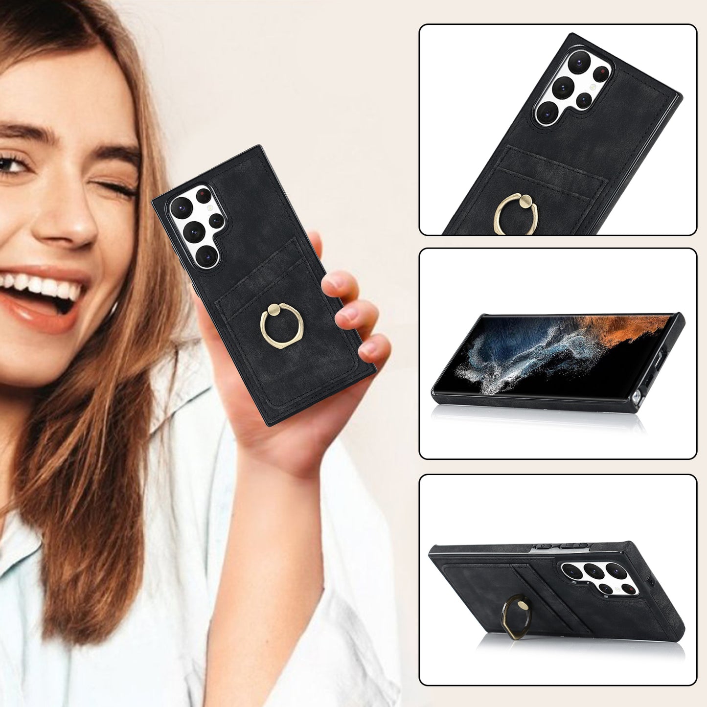 For Samsung Galaxy S24 Ultra Cell Phone Case Ring Kickstand PU Leather Coated TPU Cover - Black