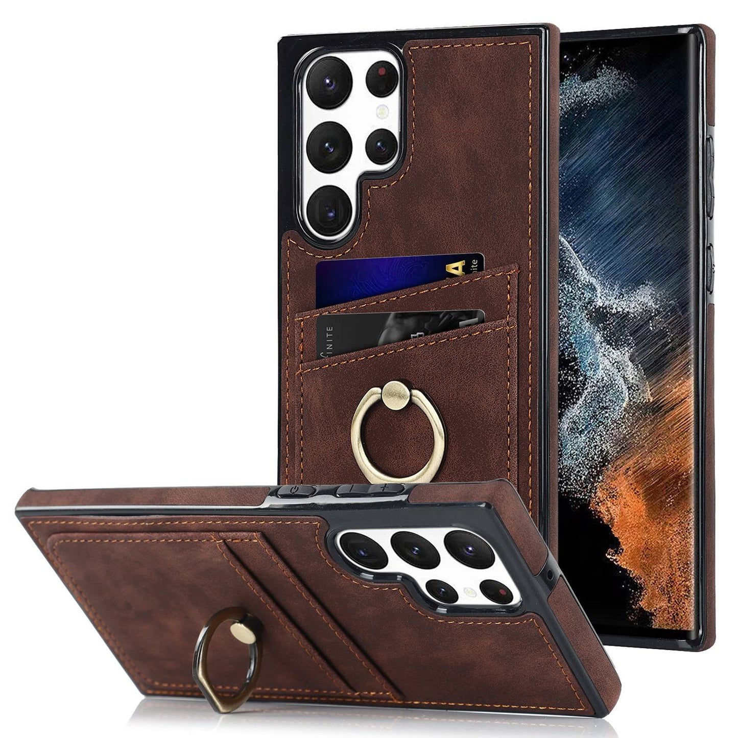 For Samsung Galaxy S24 Ultra Cell Phone Case Ring Kickstand PU Leather Coated TPU Cover - Brown