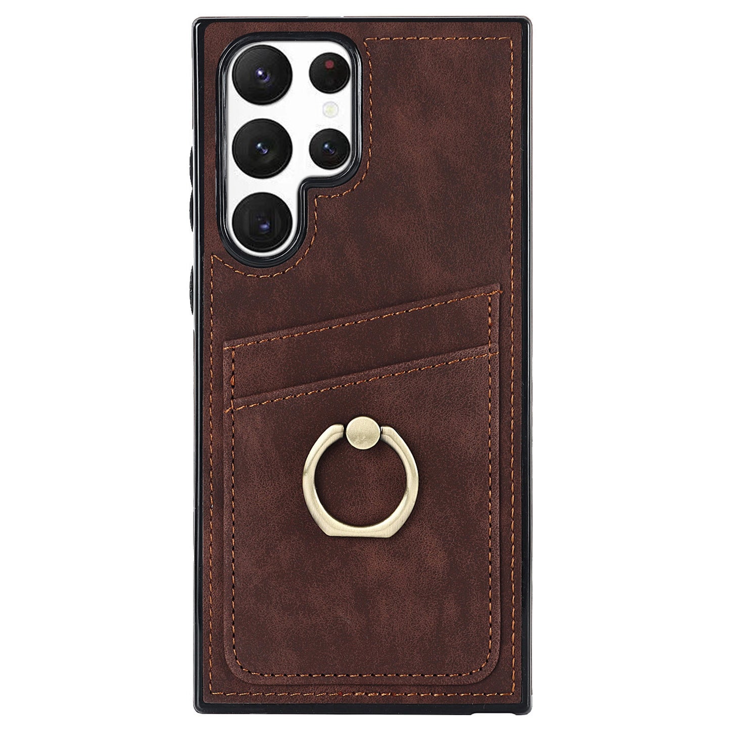 For Samsung Galaxy S24 Ultra Cell Phone Case Ring Kickstand PU Leather Coated TPU Cover - Brown