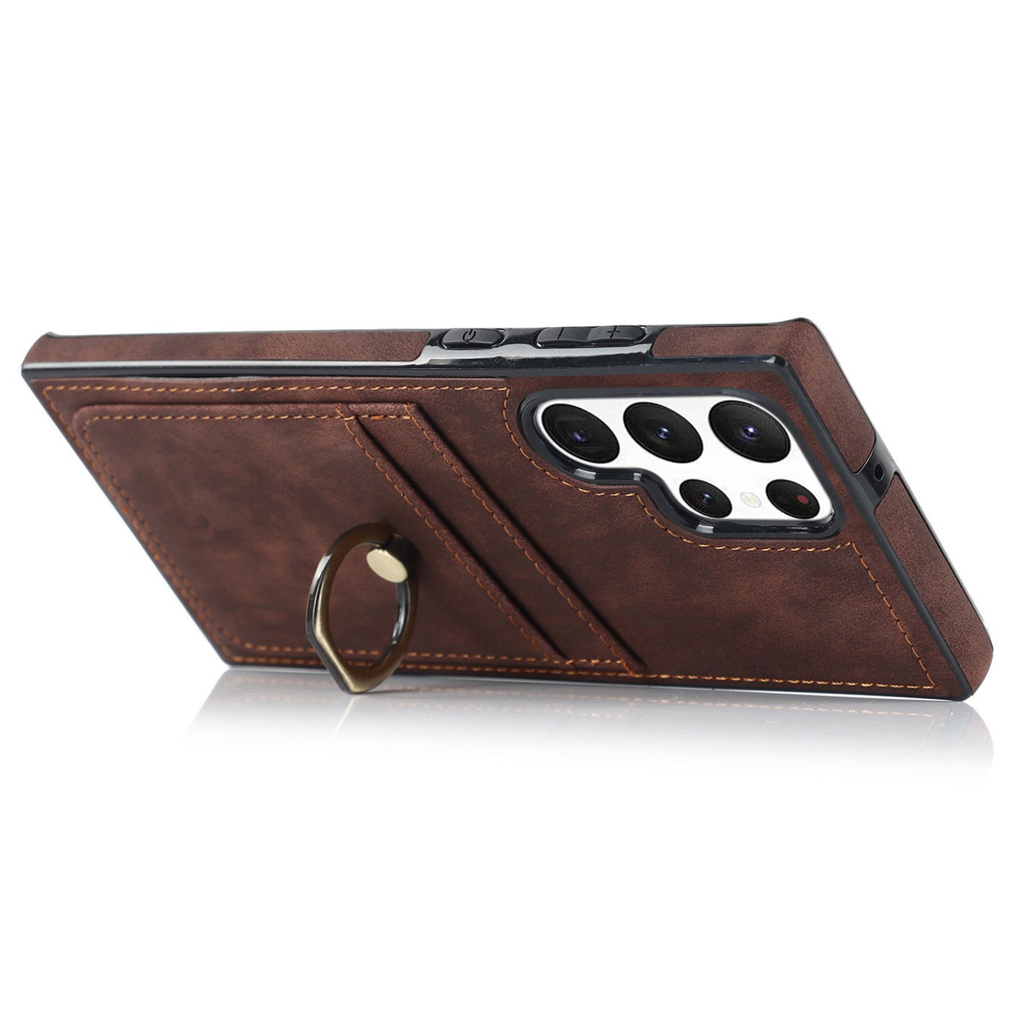 For Samsung Galaxy S24 Ultra Cell Phone Case Ring Kickstand PU Leather Coated TPU Cover - Brown