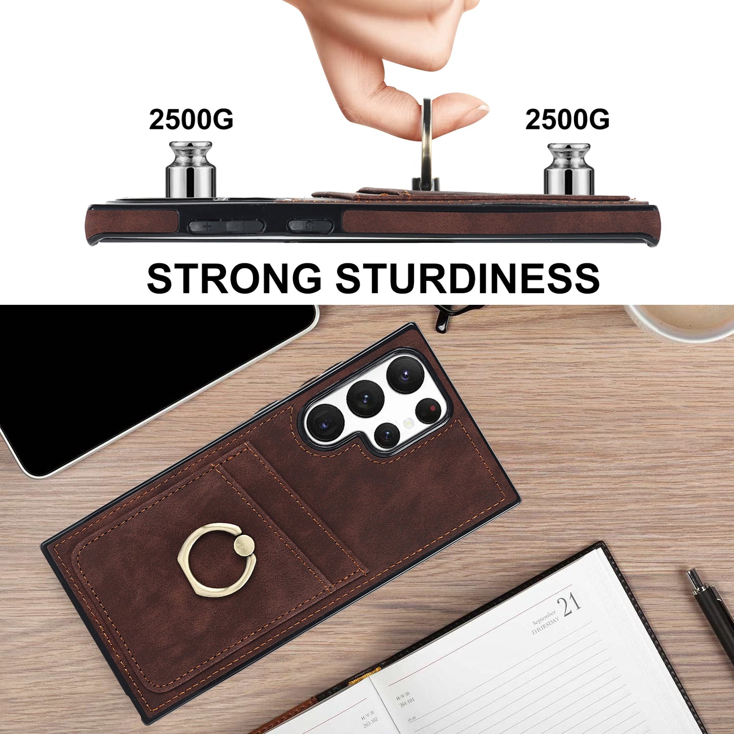 For Samsung Galaxy S24 Ultra Cell Phone Case Ring Kickstand PU Leather Coated TPU Cover - Brown