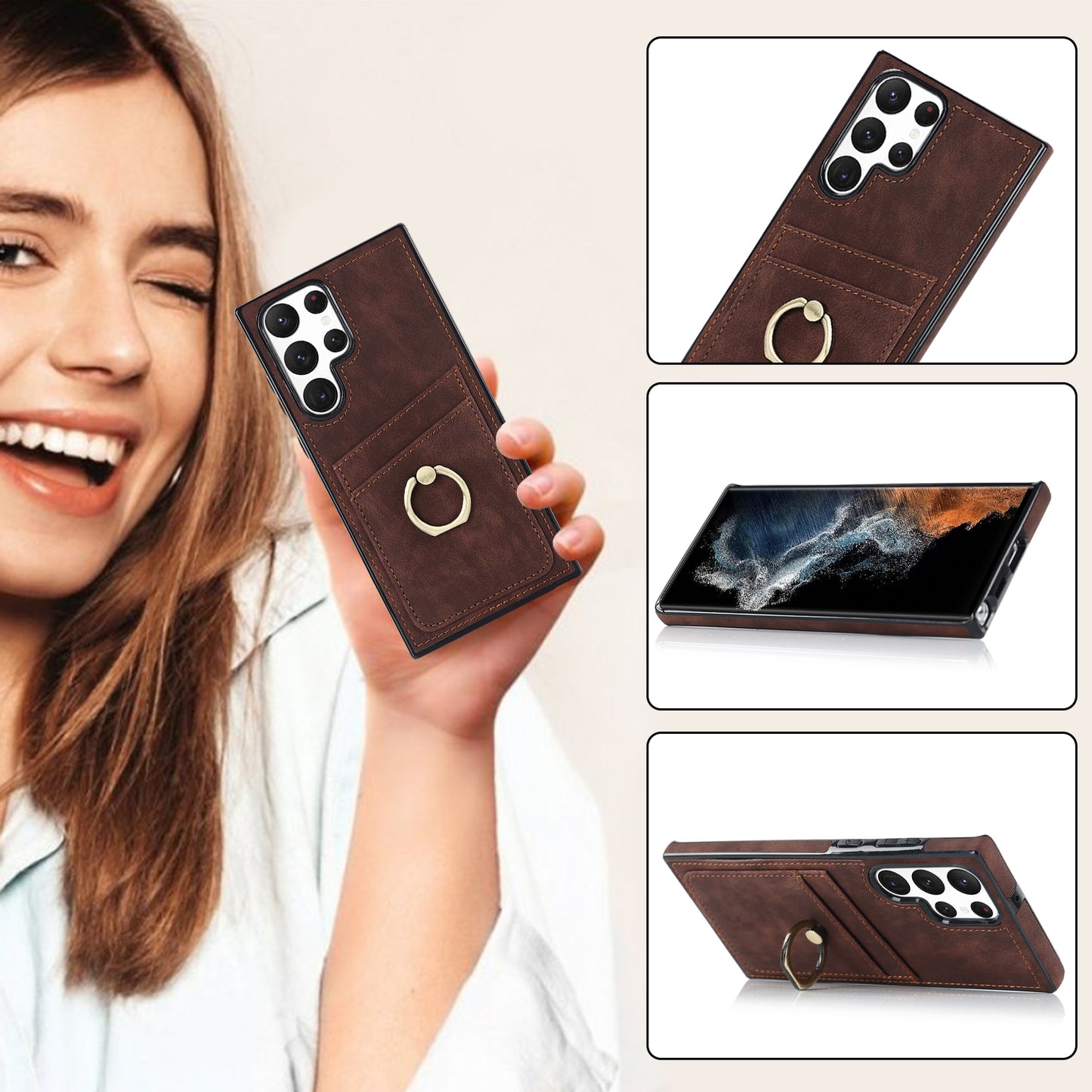 For Samsung Galaxy S24 Ultra Cell Phone Case Ring Kickstand PU Leather Coated TPU Cover - Brown