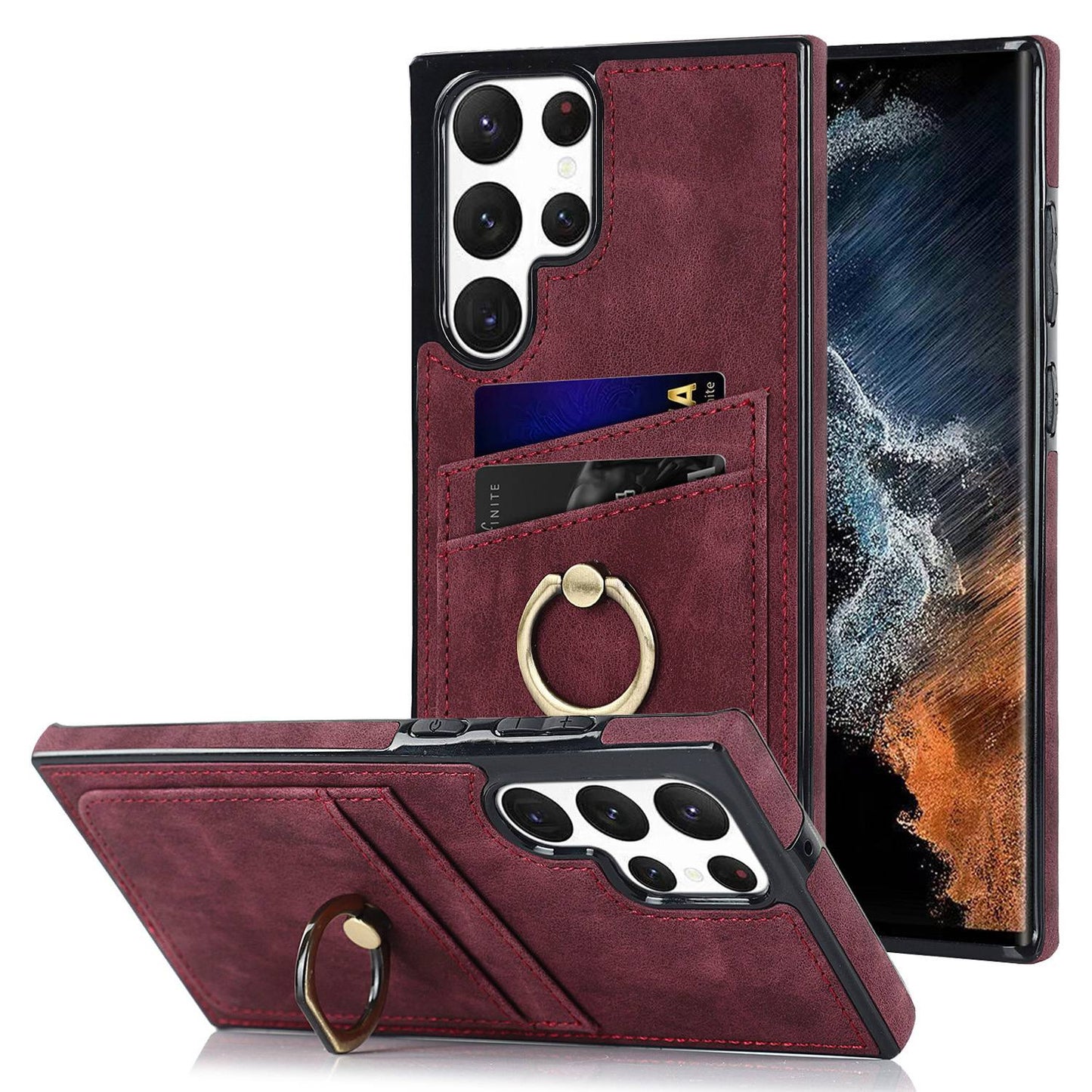 For Samsung Galaxy S24 Ultra Cell Phone Case Ring Kickstand PU Leather Coated TPU Cover - Wine Red