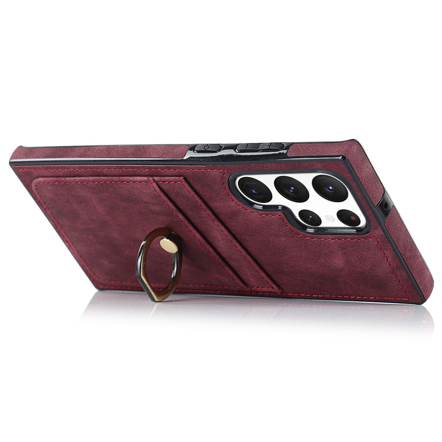 For Samsung Galaxy S24 Ultra Cell Phone Case Ring Kickstand PU Leather Coated TPU Cover - Wine Red