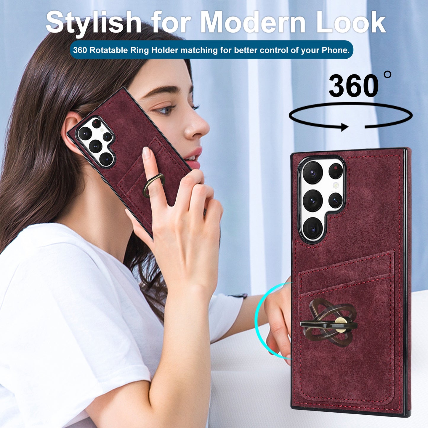 For Samsung Galaxy S24 Ultra Cell Phone Case Ring Kickstand PU Leather Coated TPU Cover - Wine Red