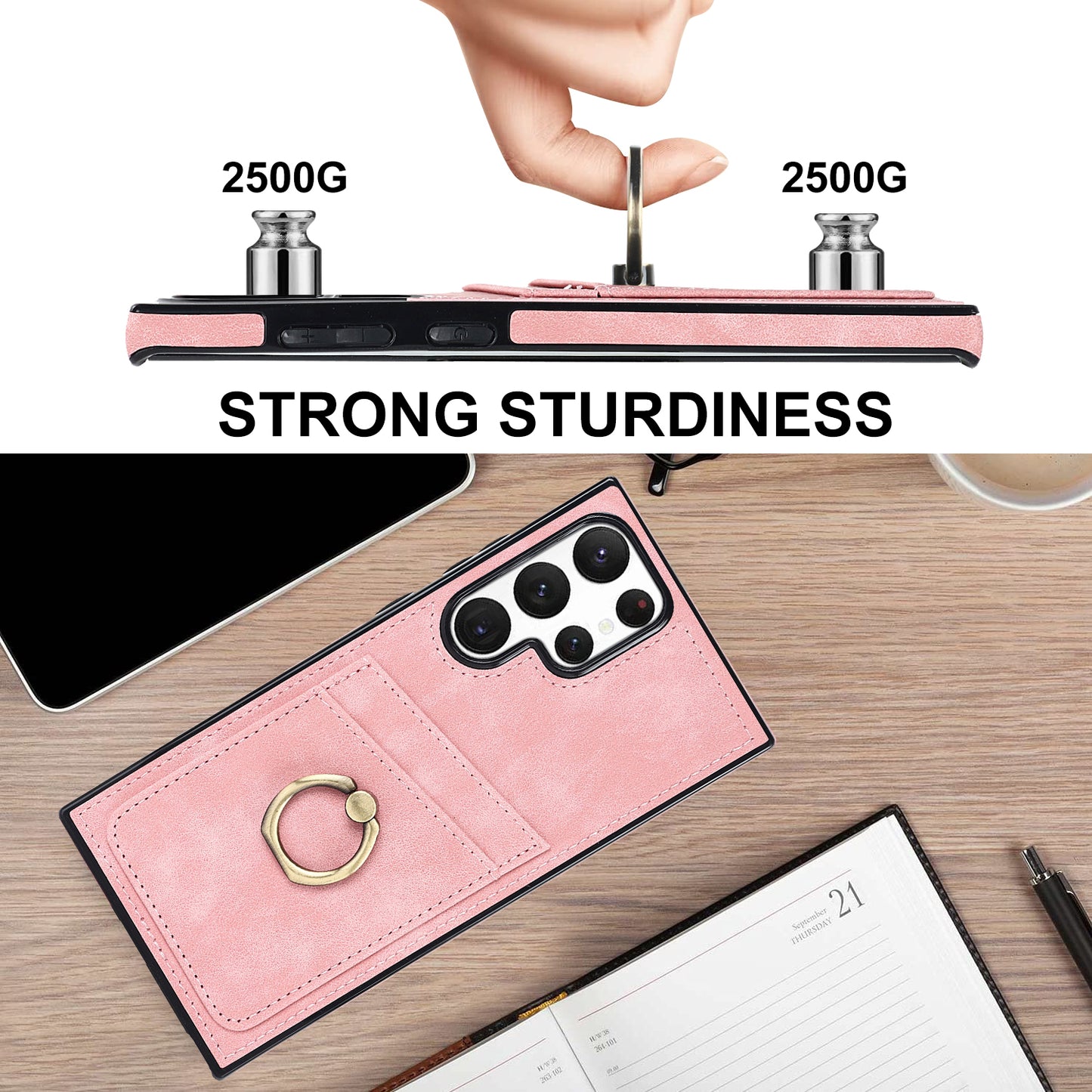 For Samsung Galaxy S24 Ultra Cell Phone Case Ring Kickstand PU Leather Coated TPU Cover - Pink