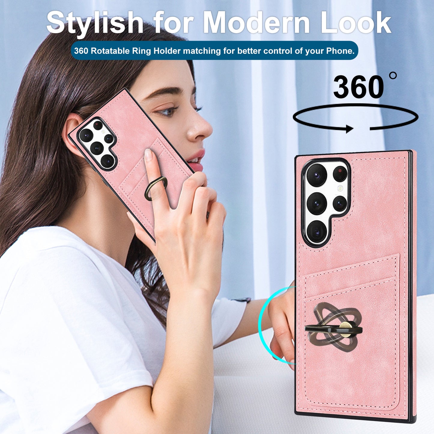 For Samsung Galaxy S24 Ultra Cell Phone Case Ring Kickstand PU Leather Coated TPU Cover - Pink