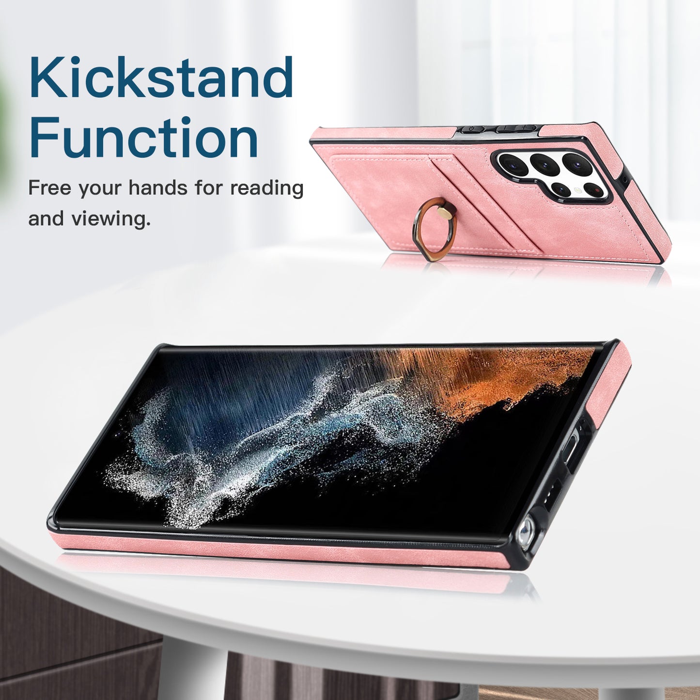 For Samsung Galaxy S24 Ultra Cell Phone Case Ring Kickstand PU Leather Coated TPU Cover - Pink
