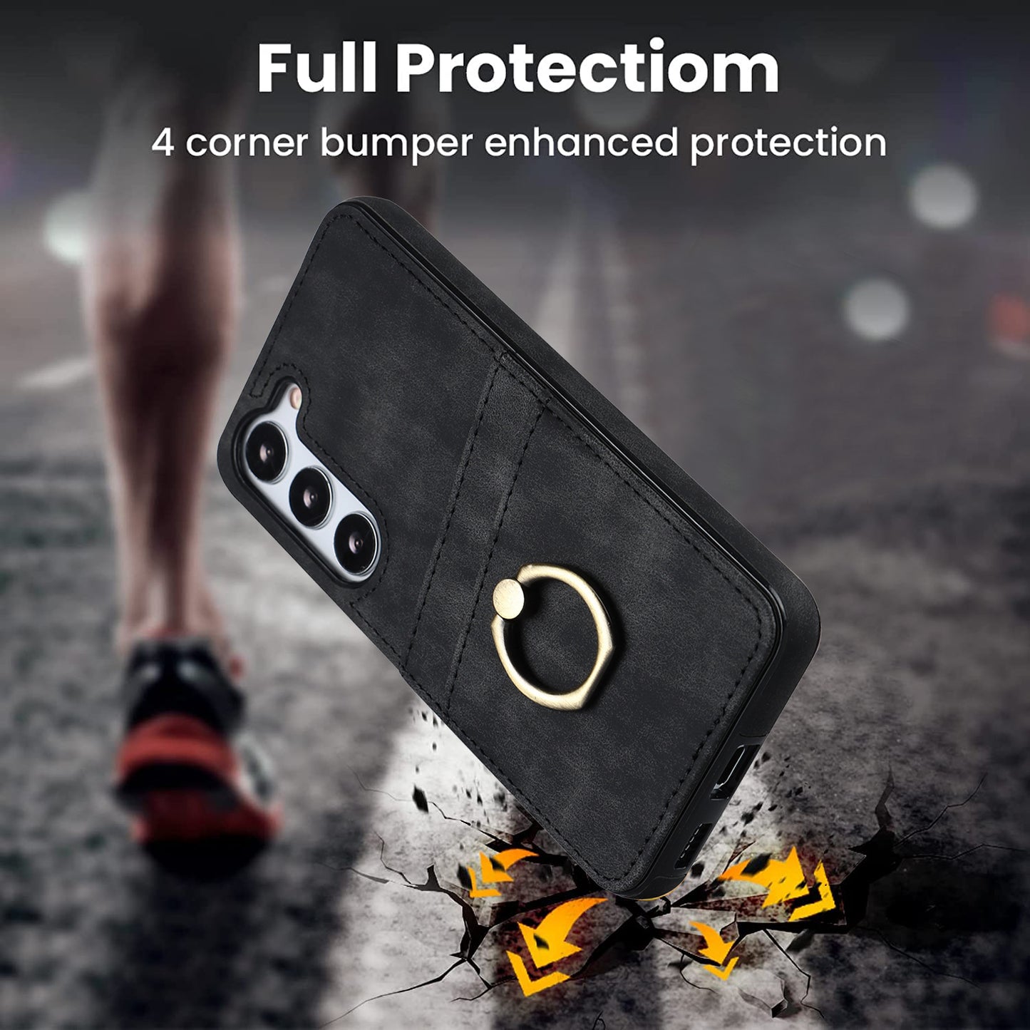For Samsung Galaxy S24+ Case Anti-drop PU Leather Coated TPU Shell with Rotating Ring Kickstand - Black
