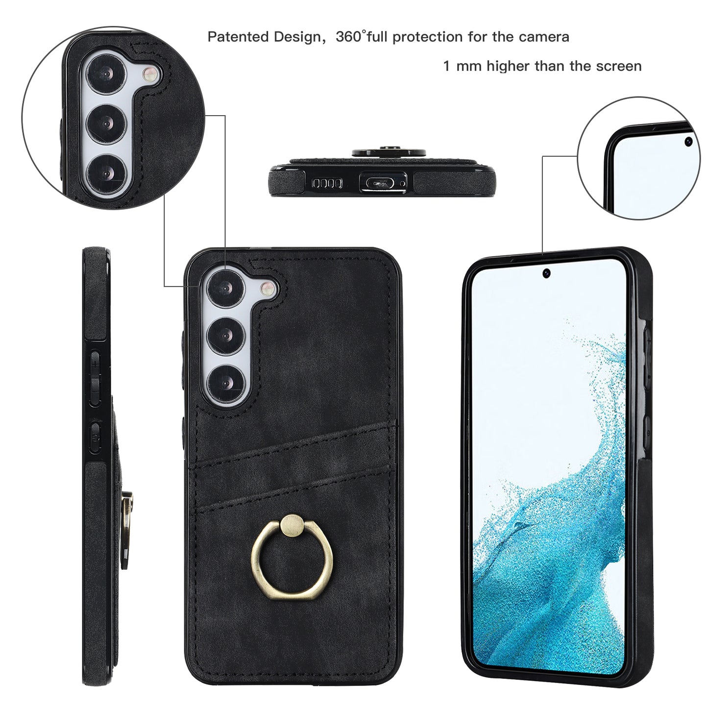 For Samsung Galaxy S24+ Case Anti-drop PU Leather Coated TPU Shell with Rotating Ring Kickstand - Black