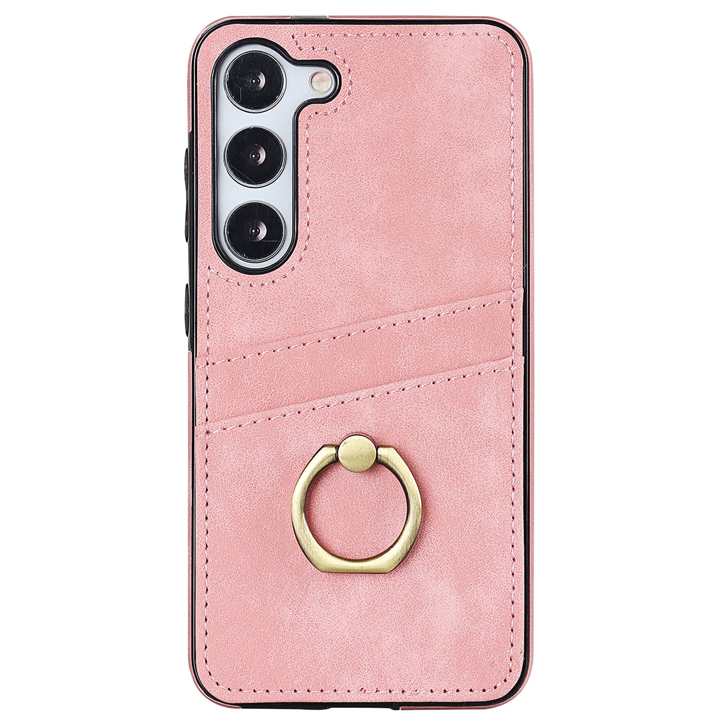 For Samsung Galaxy S24+ Case Anti-drop PU Leather Coated TPU Shell with Rotating Ring Kickstand - Pink