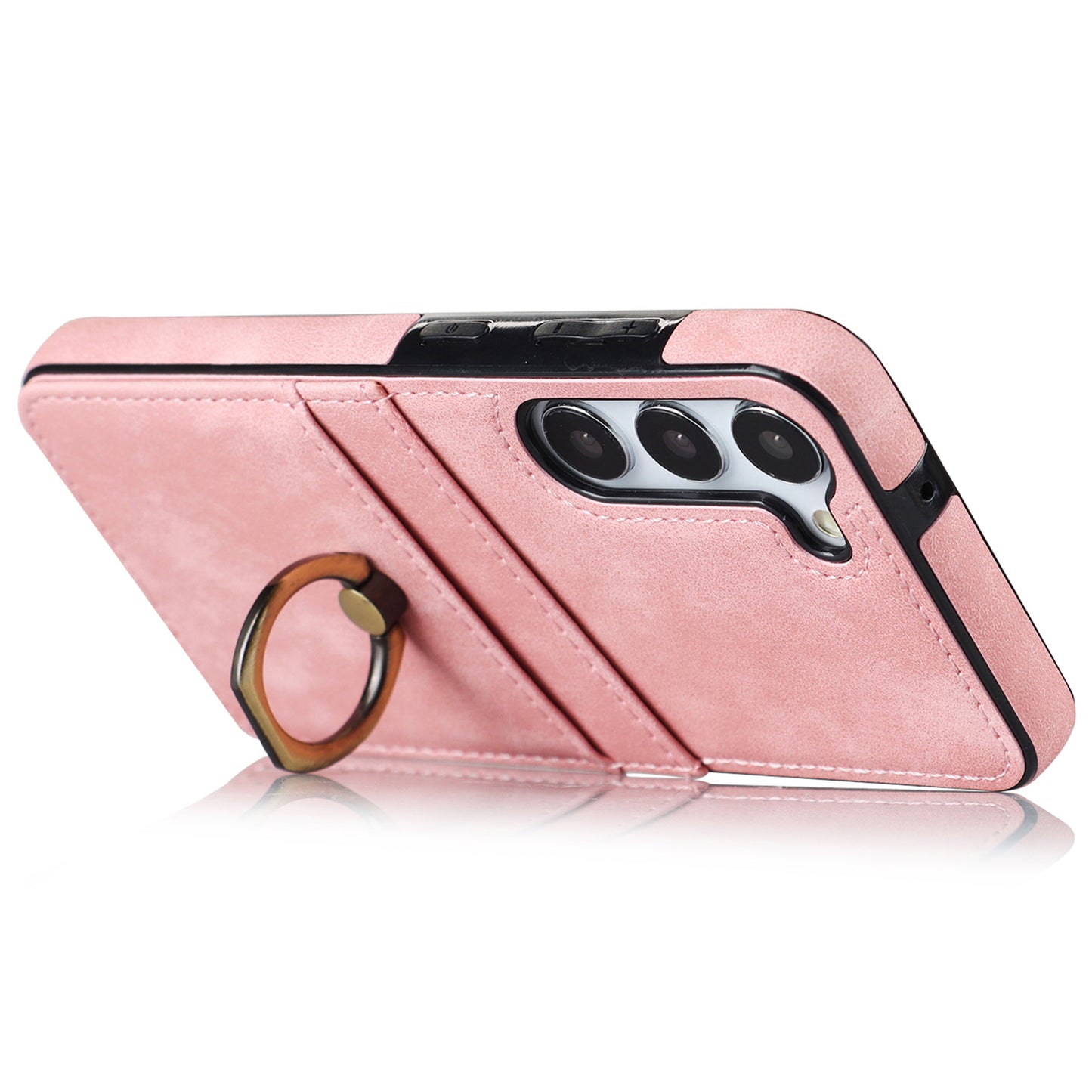 For Samsung Galaxy S24+ Case Anti-drop PU Leather Coated TPU Shell with Rotating Ring Kickstand - Pink