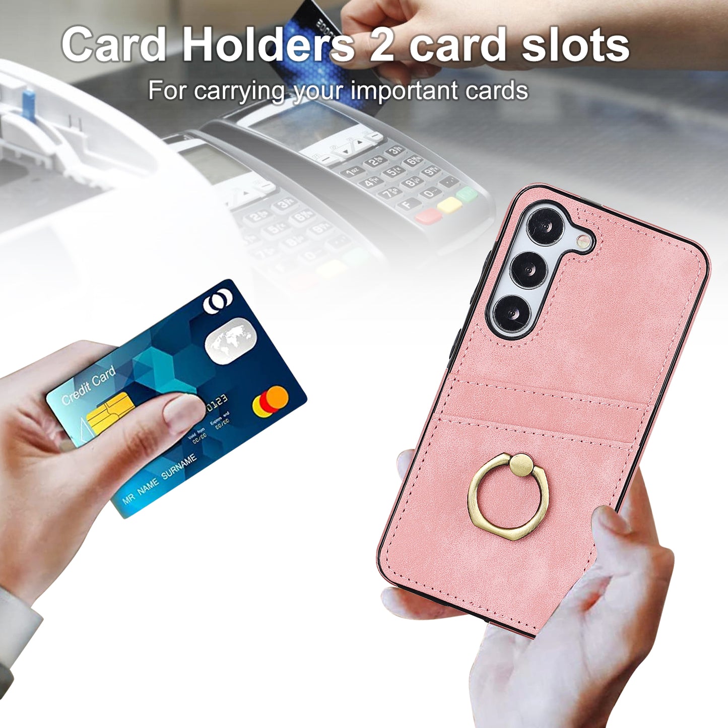 For Samsung Galaxy S24+ Case Anti-drop PU Leather Coated TPU Shell with Rotating Ring Kickstand - Pink