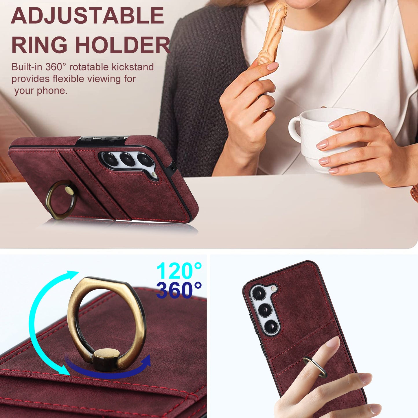 For Samsung Galaxy S24+ Case Anti-drop PU Leather Coated TPU Shell with Rotating Ring Kickstand - Wine Red