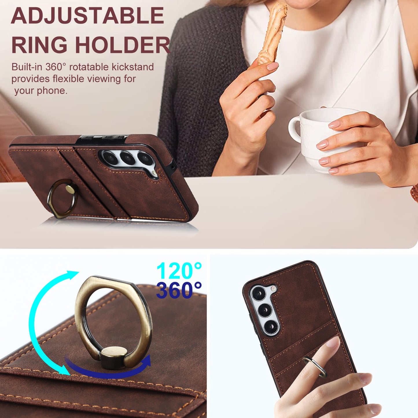For Samsung Galaxy S24+ Case Anti-drop PU Leather Coated TPU Shell with Rotating Ring Kickstand - Brown