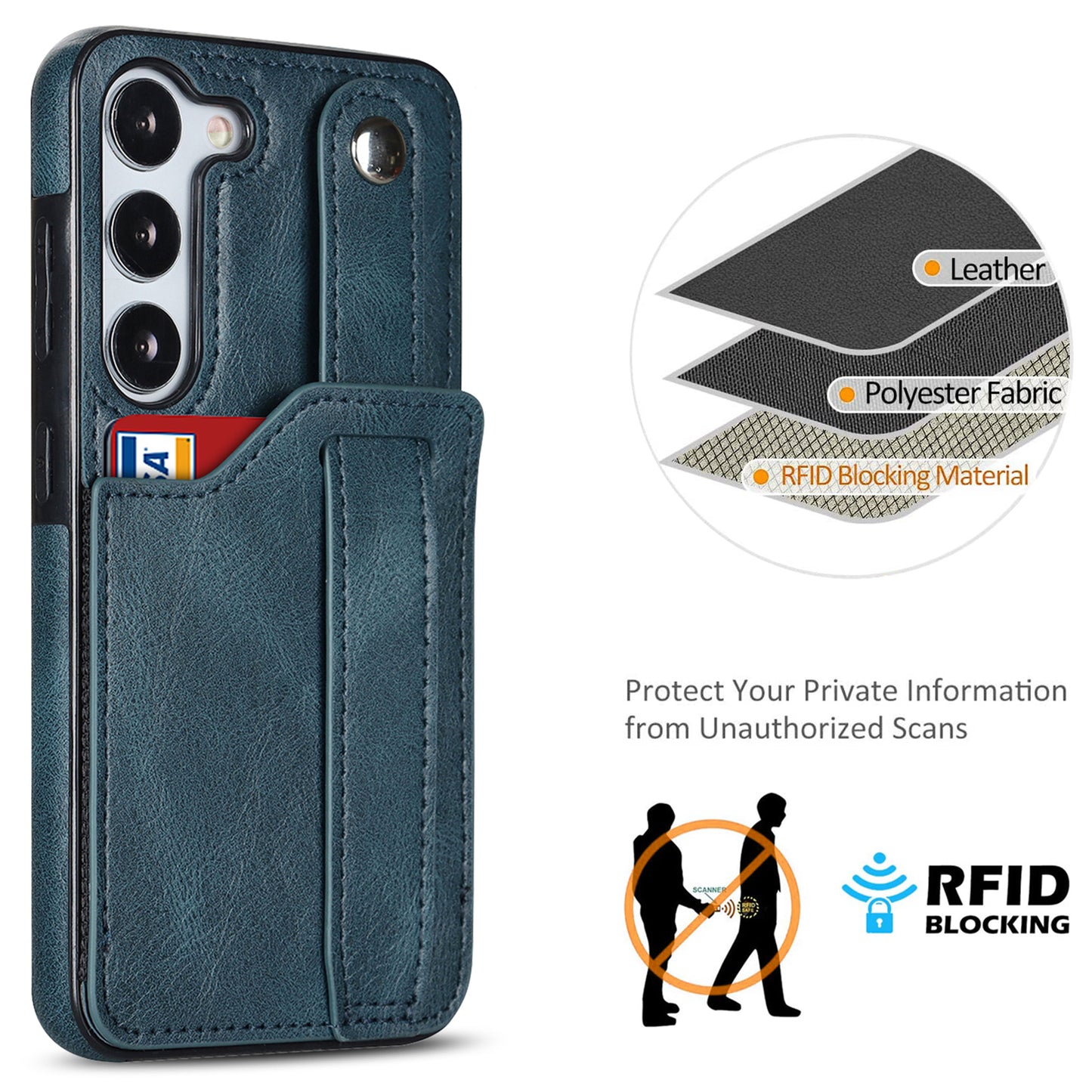 For Samsung Galaxy S24 Cell Phone Case Retro PU Leather Coated TPU RFID Blocking Cover - Blue