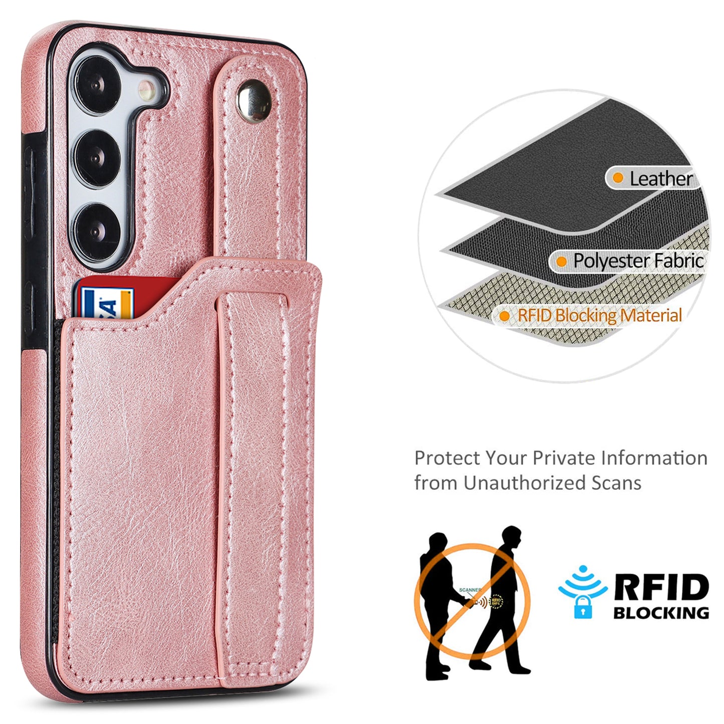 For Samsung Galaxy S24 Cell Phone Case Retro PU Leather Coated TPU RFID Blocking Cover - Rose Gold