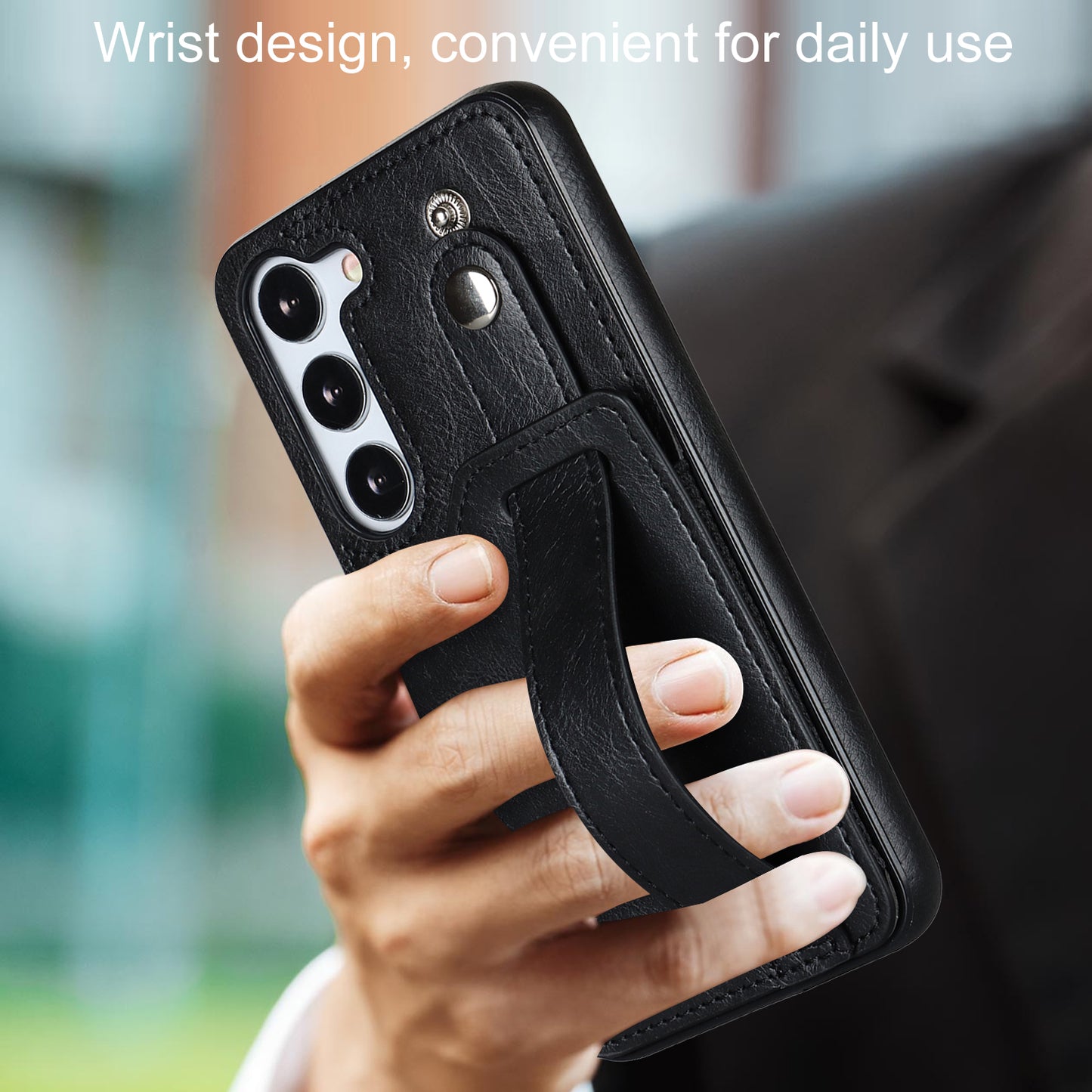 For Samsung Galaxy S24+ Case Retro PU Leather Coated TPU Wristband Kickstand Phone Shell - Black