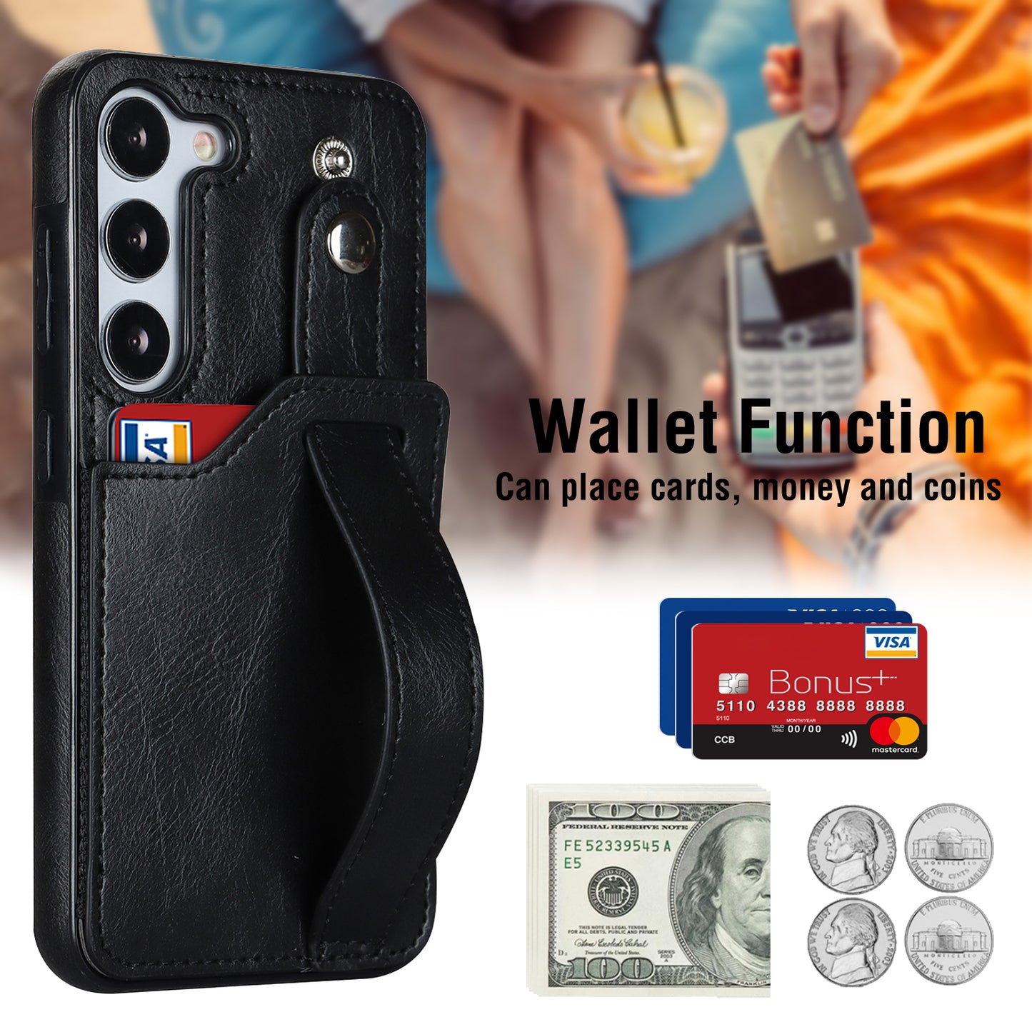 For Samsung Galaxy S24+ Case Retro PU Leather Coated TPU Wristband Kickstand Phone Shell - Black