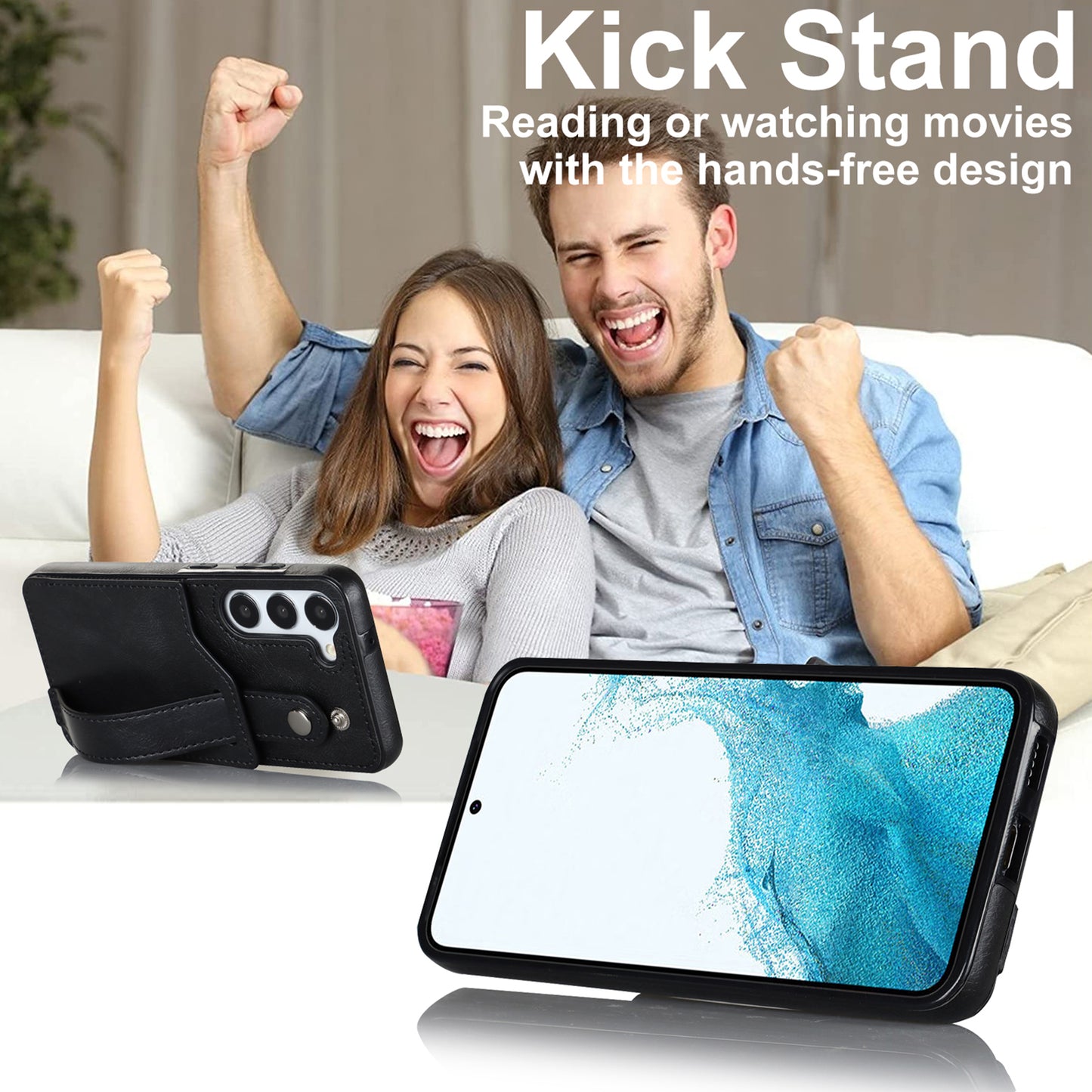 For Samsung Galaxy S24+ Case Retro PU Leather Coated TPU Wristband Kickstand Phone Shell - Black