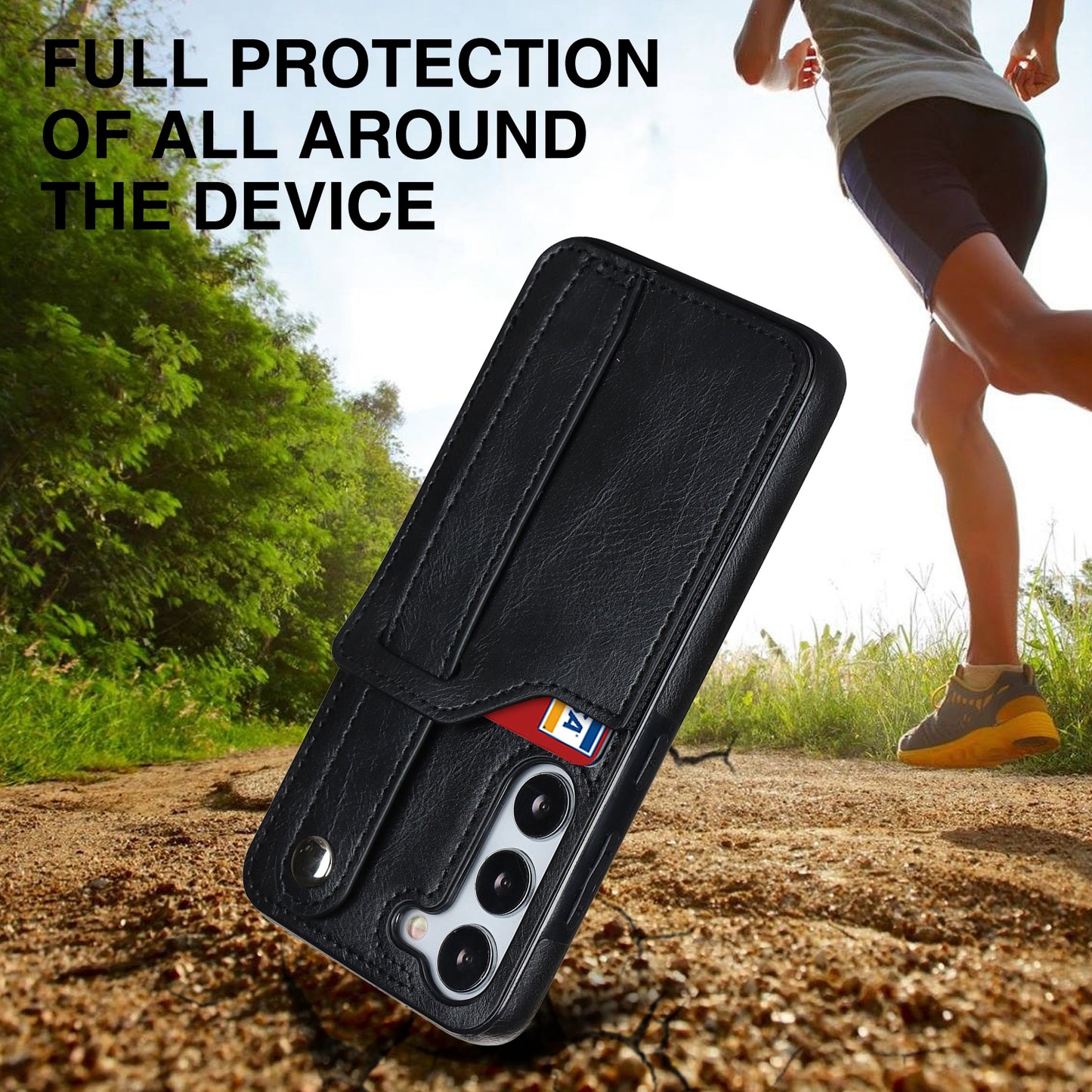 For Samsung Galaxy S24+ Case Retro PU Leather Coated TPU Wristband Kickstand Phone Shell - Black