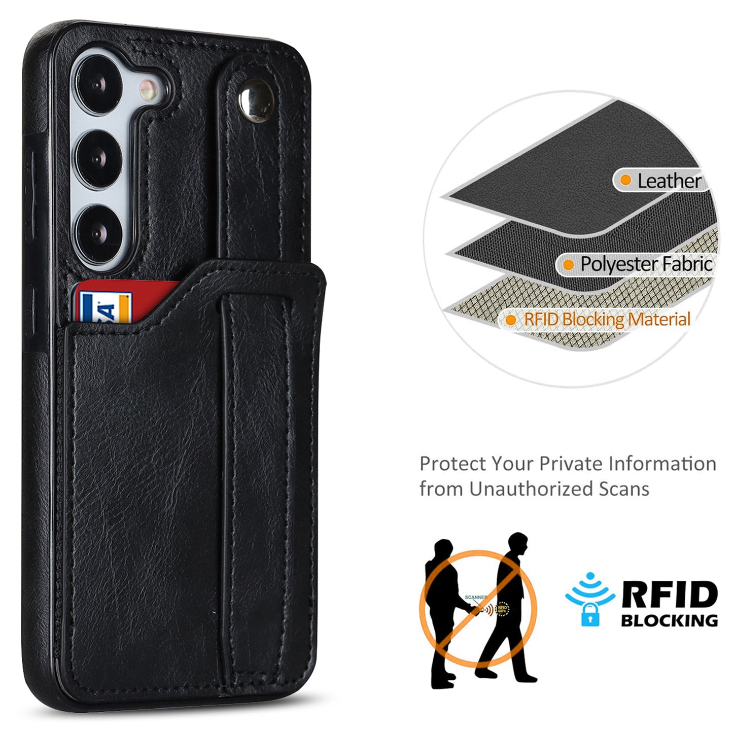 For Samsung Galaxy S24+ Case Retro PU Leather Coated TPU Wristband Kickstand Phone Shell - Black