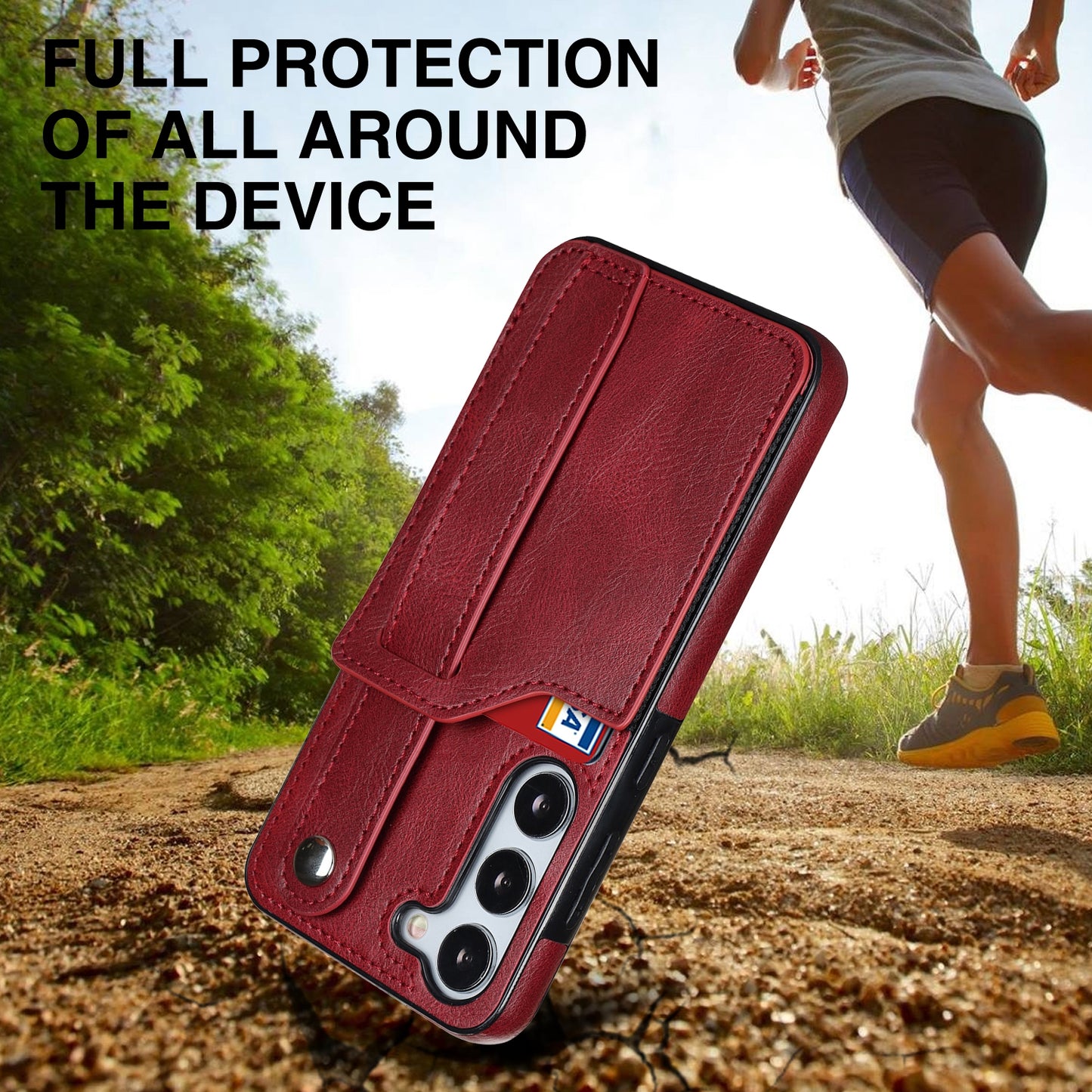 For Samsung Galaxy S24+ Case Retro PU Leather Coated TPU Wristband Kickstand Phone Shell - Red