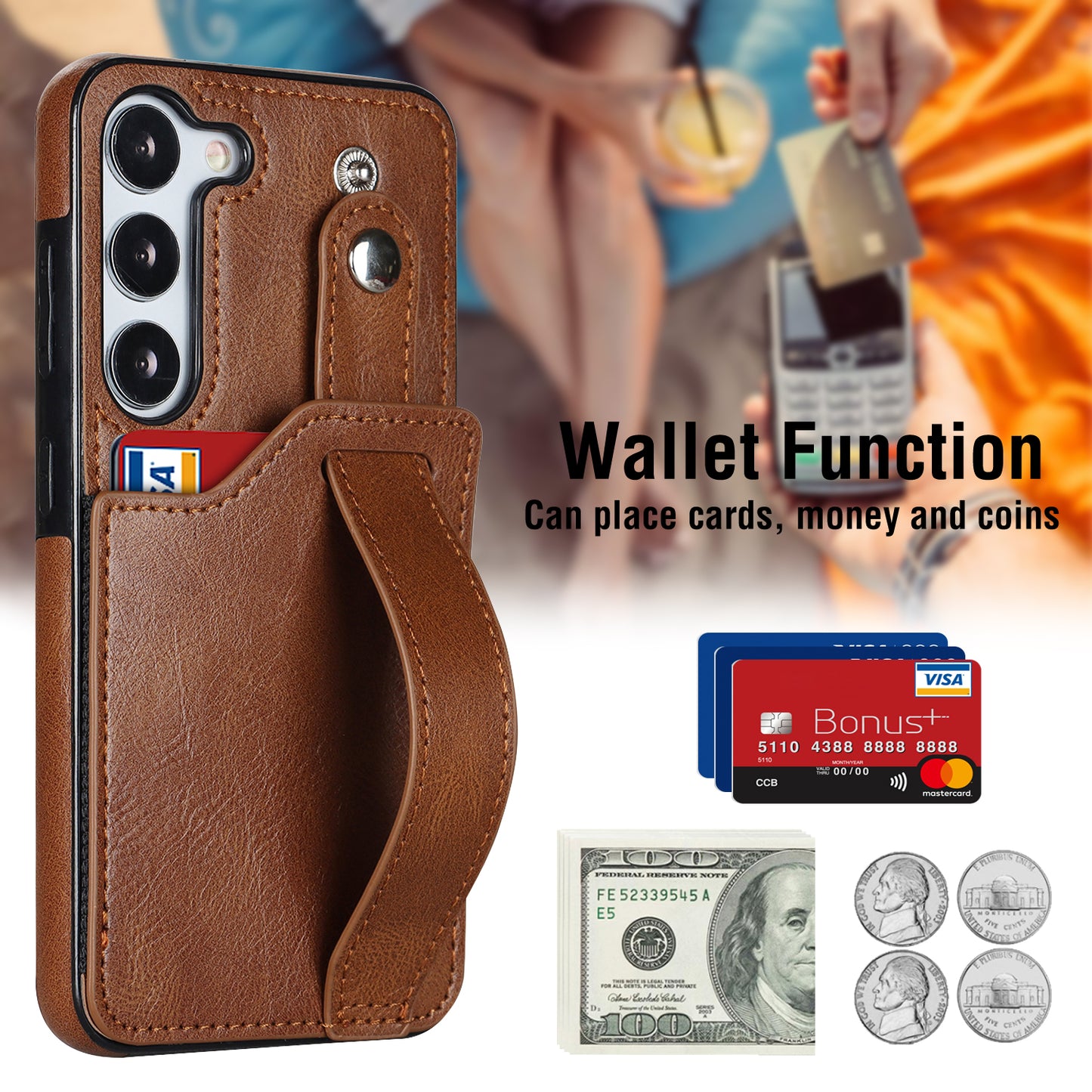 For Samsung Galaxy S24+ Case Retro PU Leather Coated TPU Wristband Kickstand Phone Shell - Brown