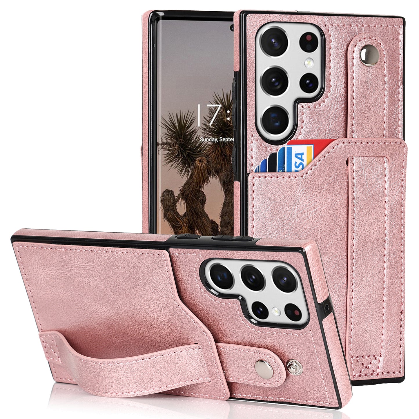 PU Leather Case for Samsung Galaxy S24 Ultra Shell Retro RFID Blocking Wristband Phone Cover - Rose Gold