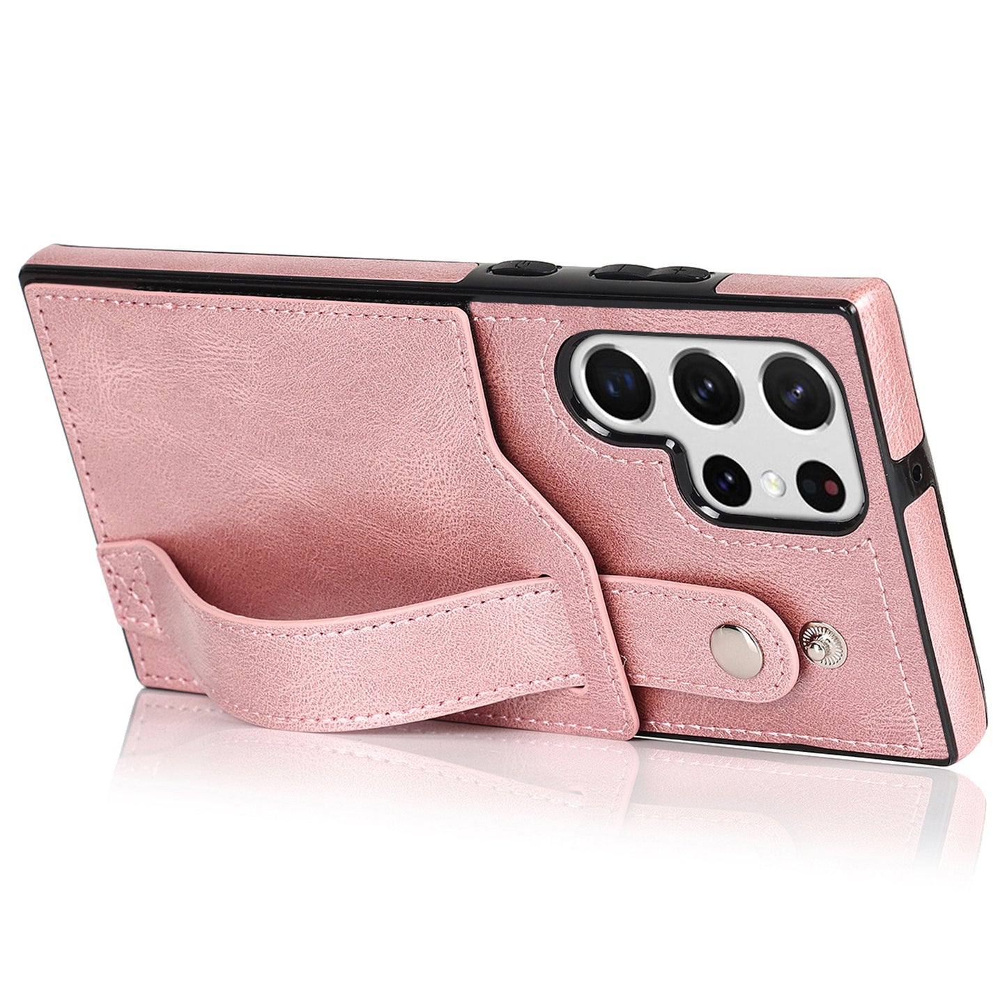 PU Leather Case for Samsung Galaxy S24 Ultra Shell Retro RFID Blocking Wristband Phone Cover - Rose Gold