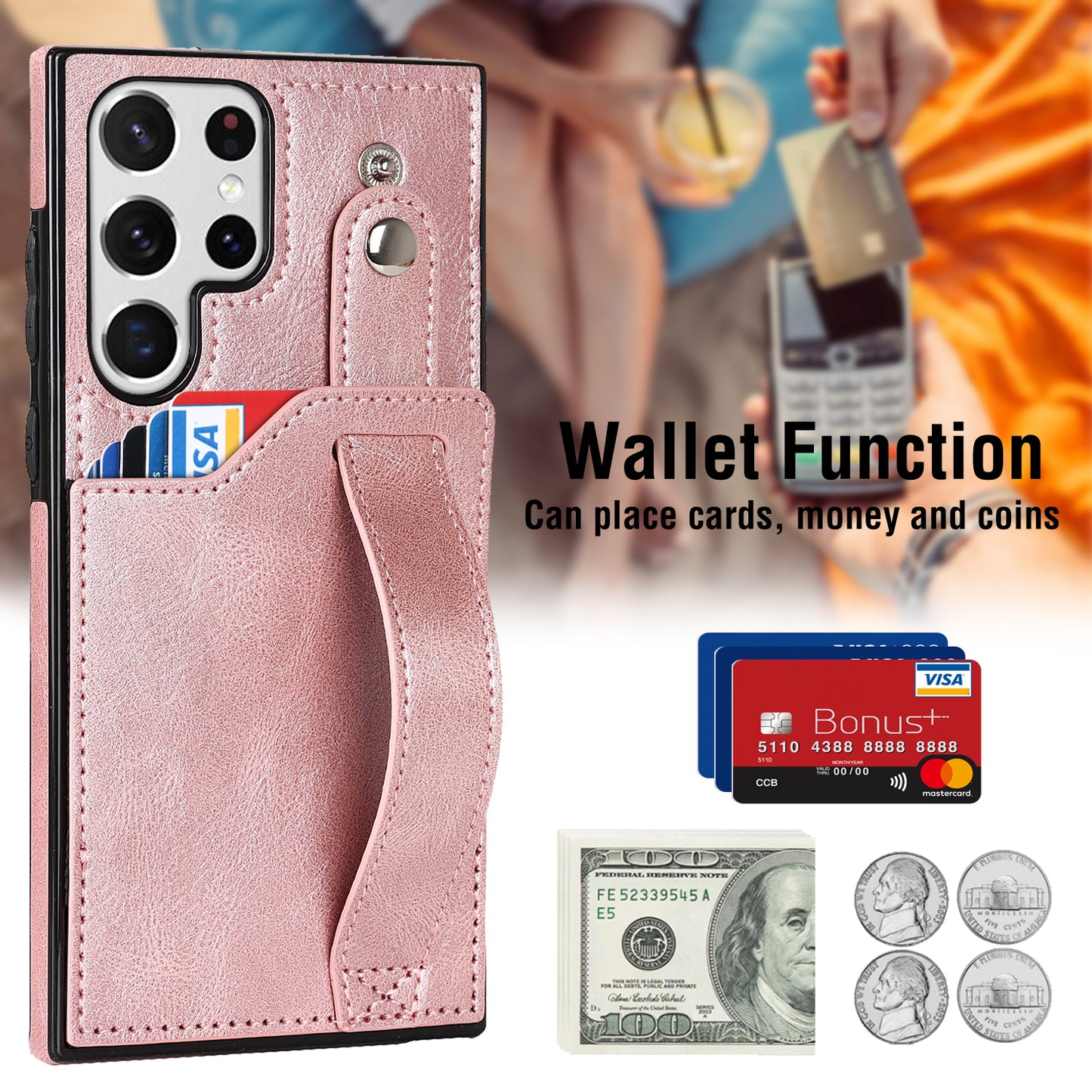 PU Leather Case for Samsung Galaxy S24 Ultra Shell Retro RFID Blocking Wristband Phone Cover - Rose Gold