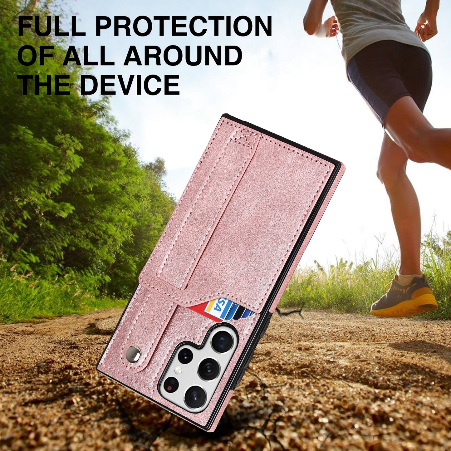 PU Leather Case for Samsung Galaxy S24 Ultra Shell Retro RFID Blocking Wristband Phone Cover - Rose Gold